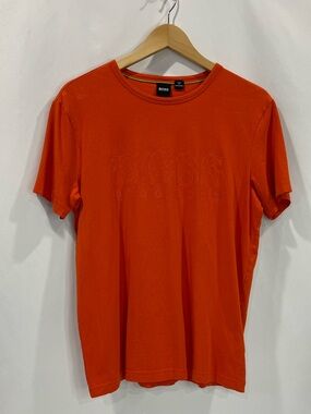 BOSS Men's Short Sleeve Crew Tee in Bright Orange with Embossed Logo